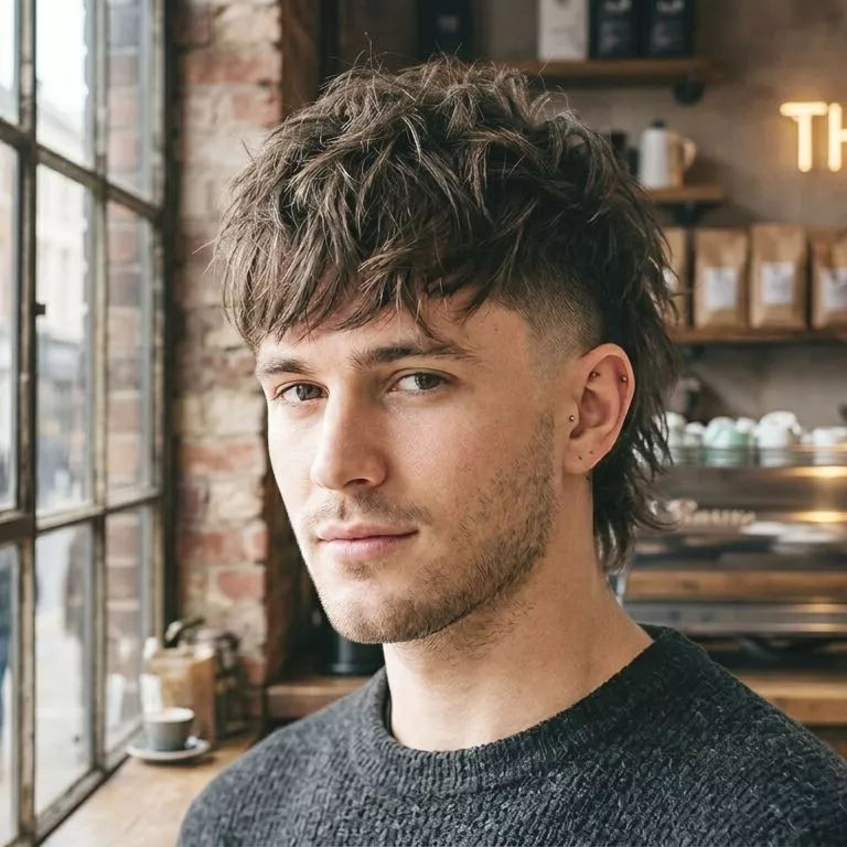 Shag haircut with undercut for men, longer layered top and short disconnected sides
