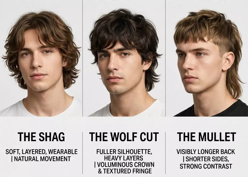 Shag vs wolf cut vs mullet comparison for men showing soft layered shag, fuller wolf cut, and longer back mullet