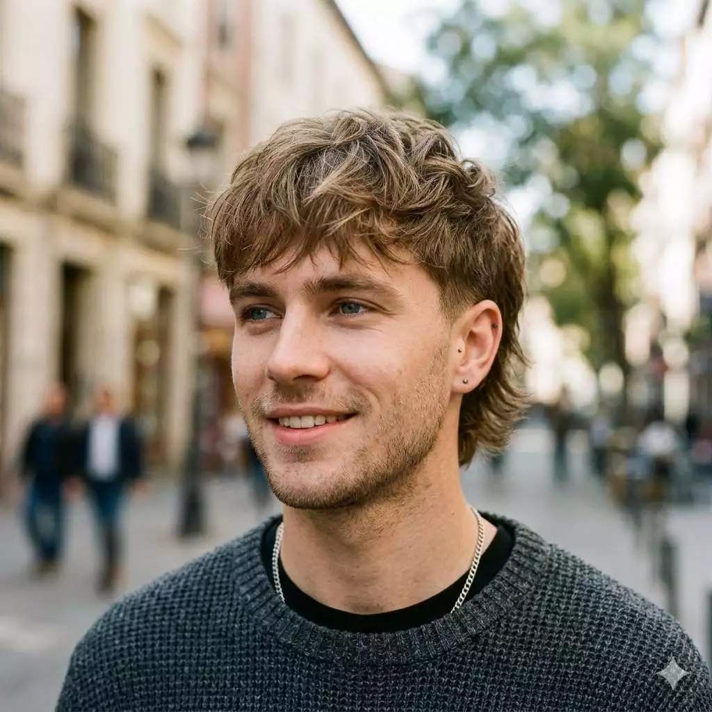 Short sides shag haircut for men with soft layered top and neat sides