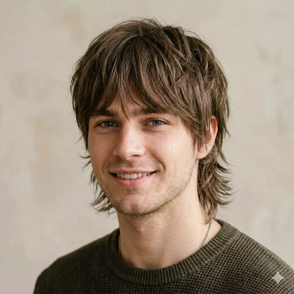 Straight hair shag haircut for men with layered fringe, piecey texture, and natural movement