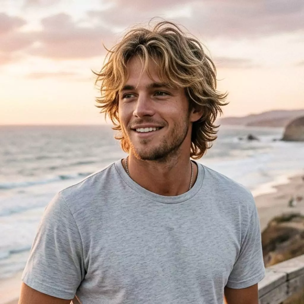 Surfer shag haircut for men with beachy waves, soft layers, and natural sun-kissed texture