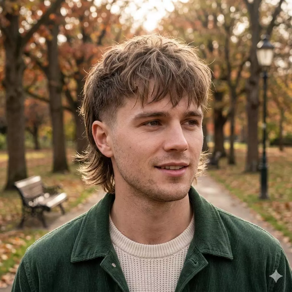 Tapered shag mullet for men with clean sides, layered top, and longer neckline