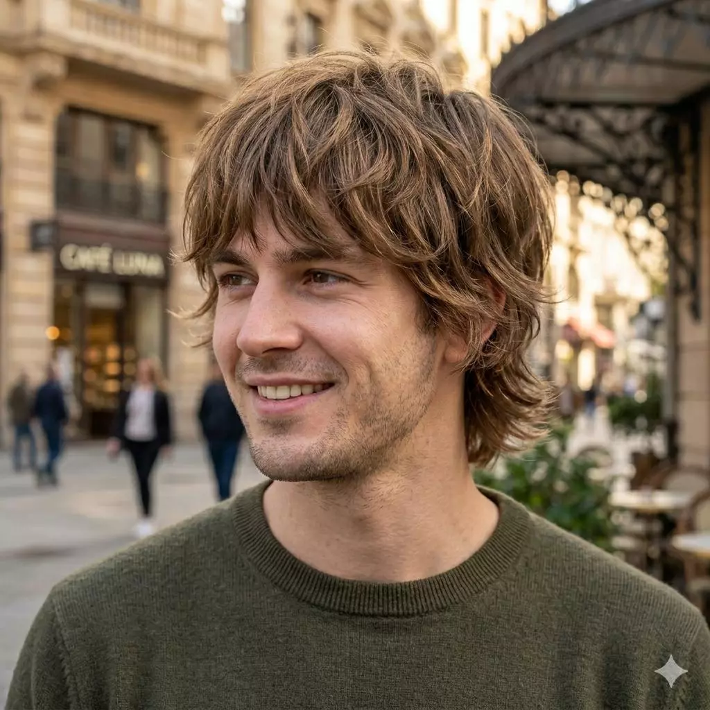 Thick hair shag haircut for men with layered weight removal and controlled volume