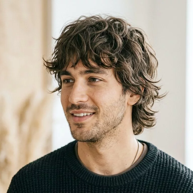 Wavy shag haircut for men with loose bends, layered texture, and casual movement