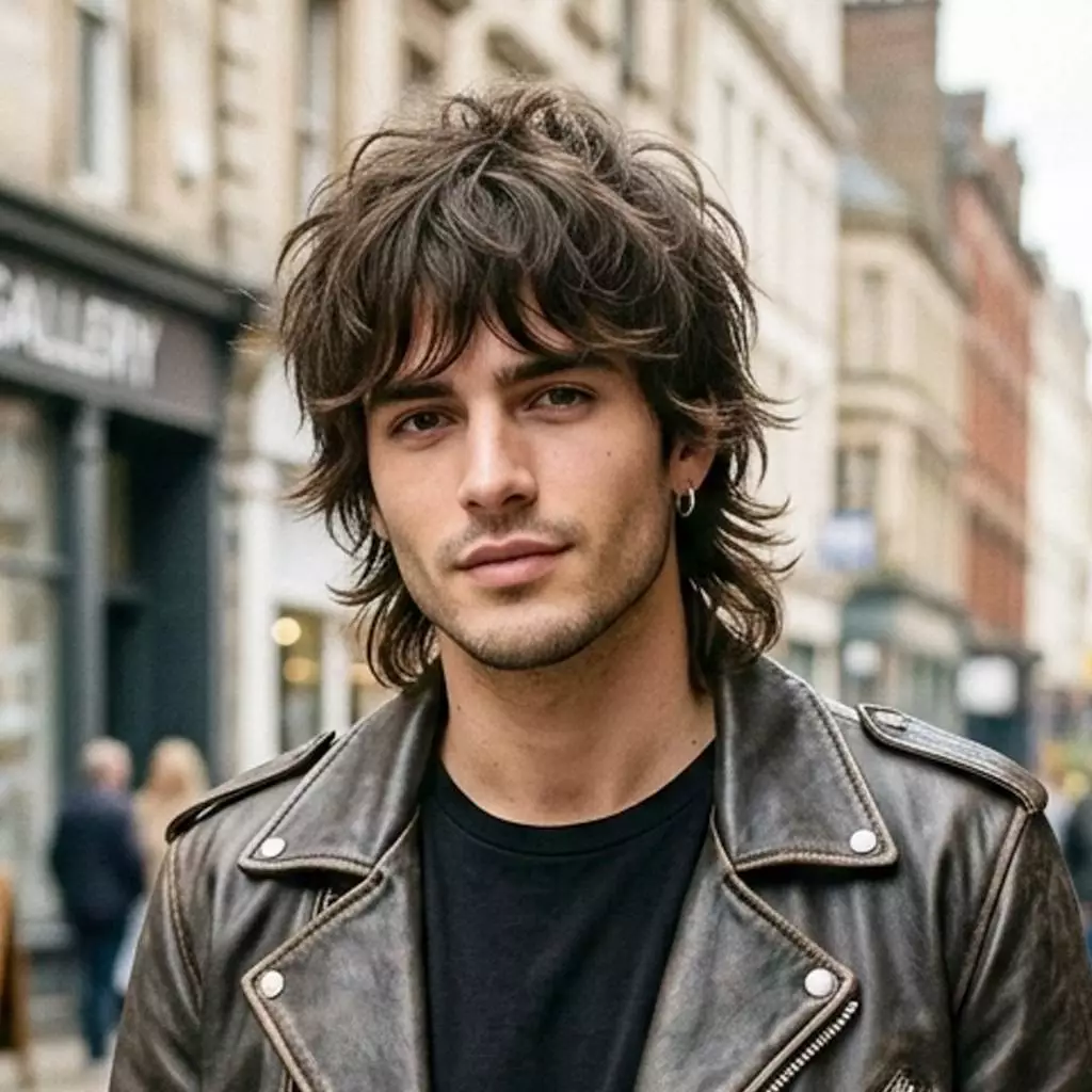 Wolf cut shag haircut for men with heavy layers, fuller crown, and textured fringe