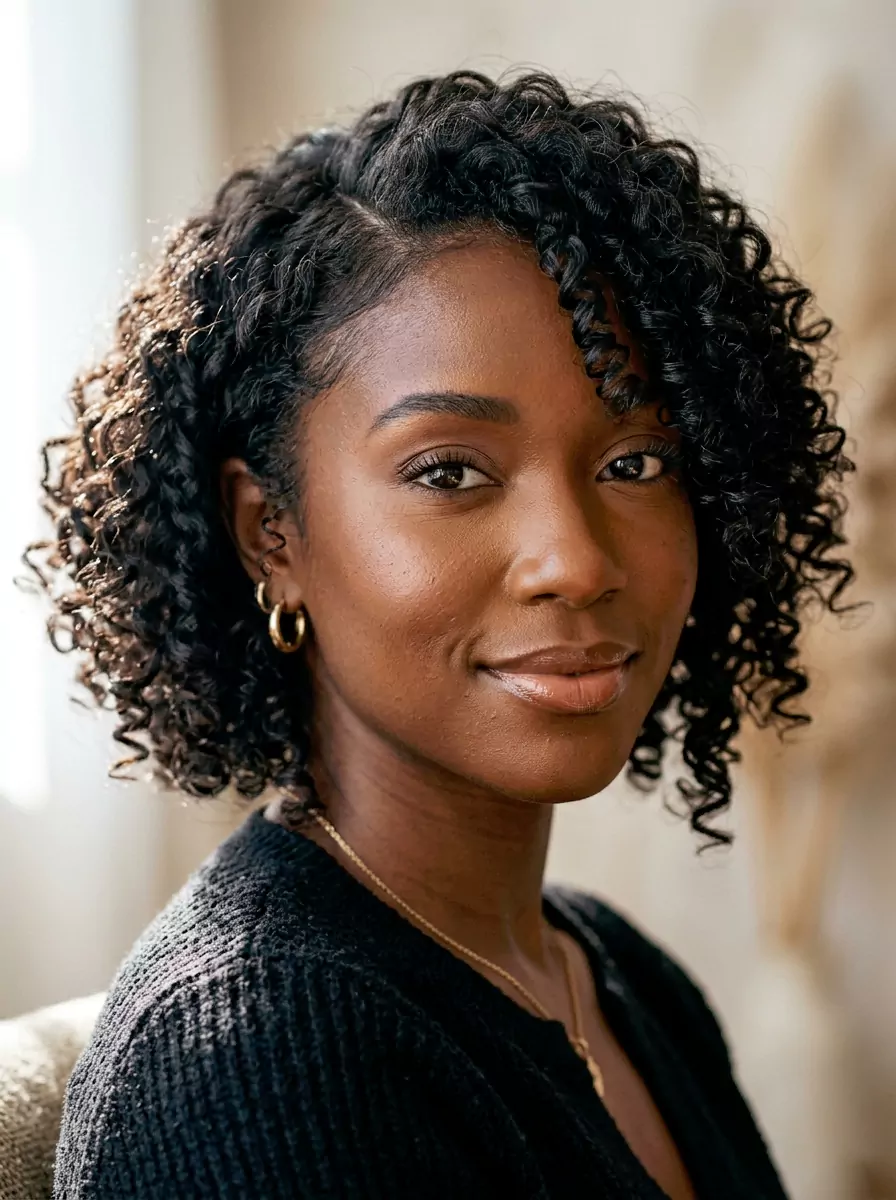 Longer-front short curly bob for black women placeholder — slightly extended front pieces, balanced jaw framing, and soft cheek-level movement