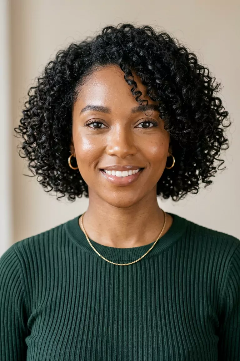 Short curly bob hairstyles for black women hero placeholder — chin-length curly bob with soft volume, defined texture, and flattering face-framing shape