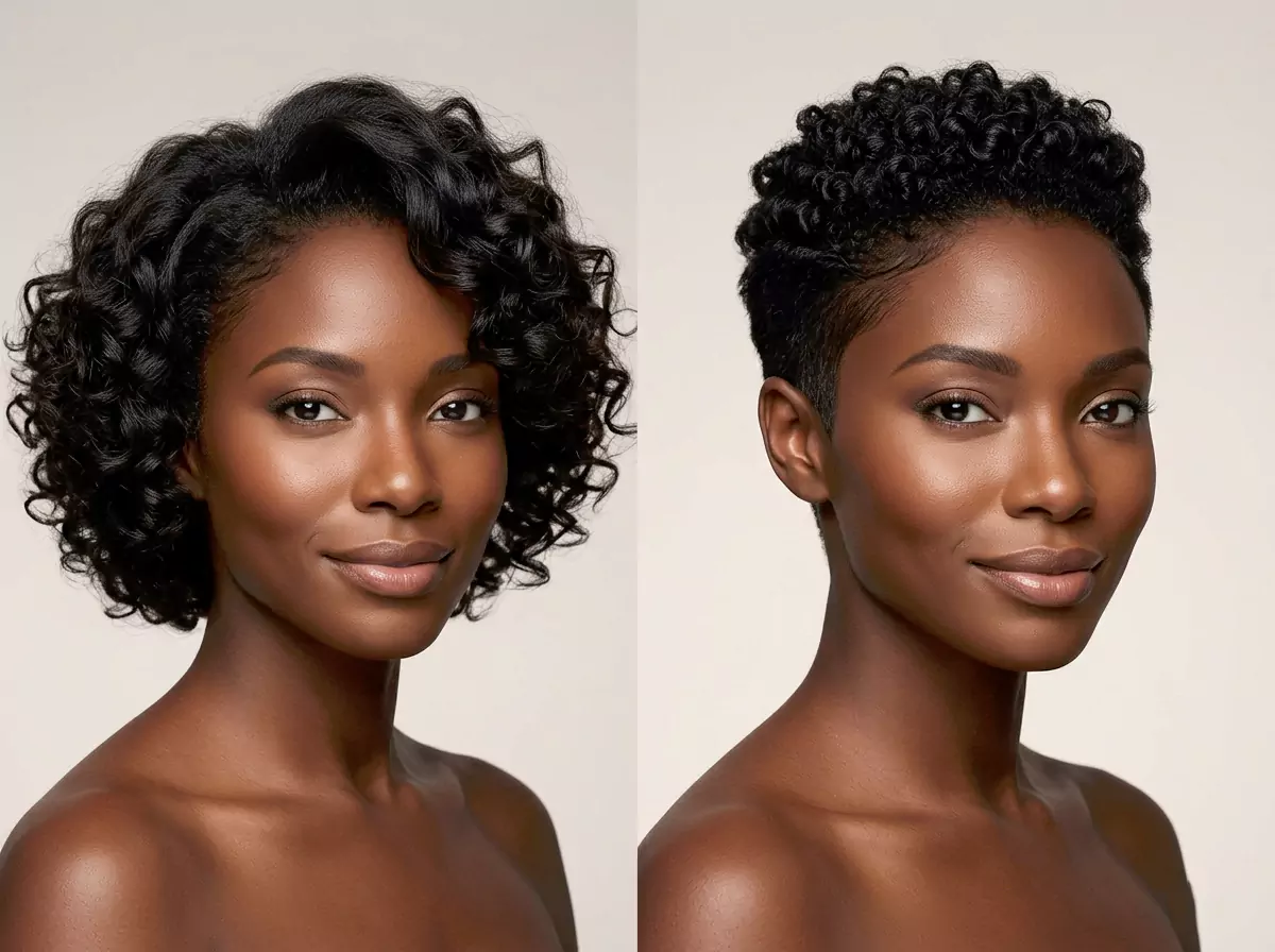 Short curly bob vs pixie bob for black women placeholder — fuller bob shape compared with shorter sharper pixie-bob outline