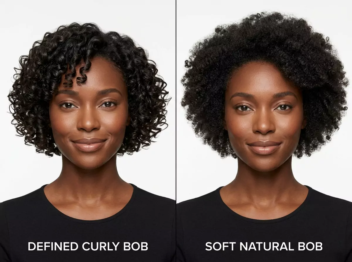 Short curly bob vs rounded natural bob for black women placeholder — defined bob shape compared with softer natural volume