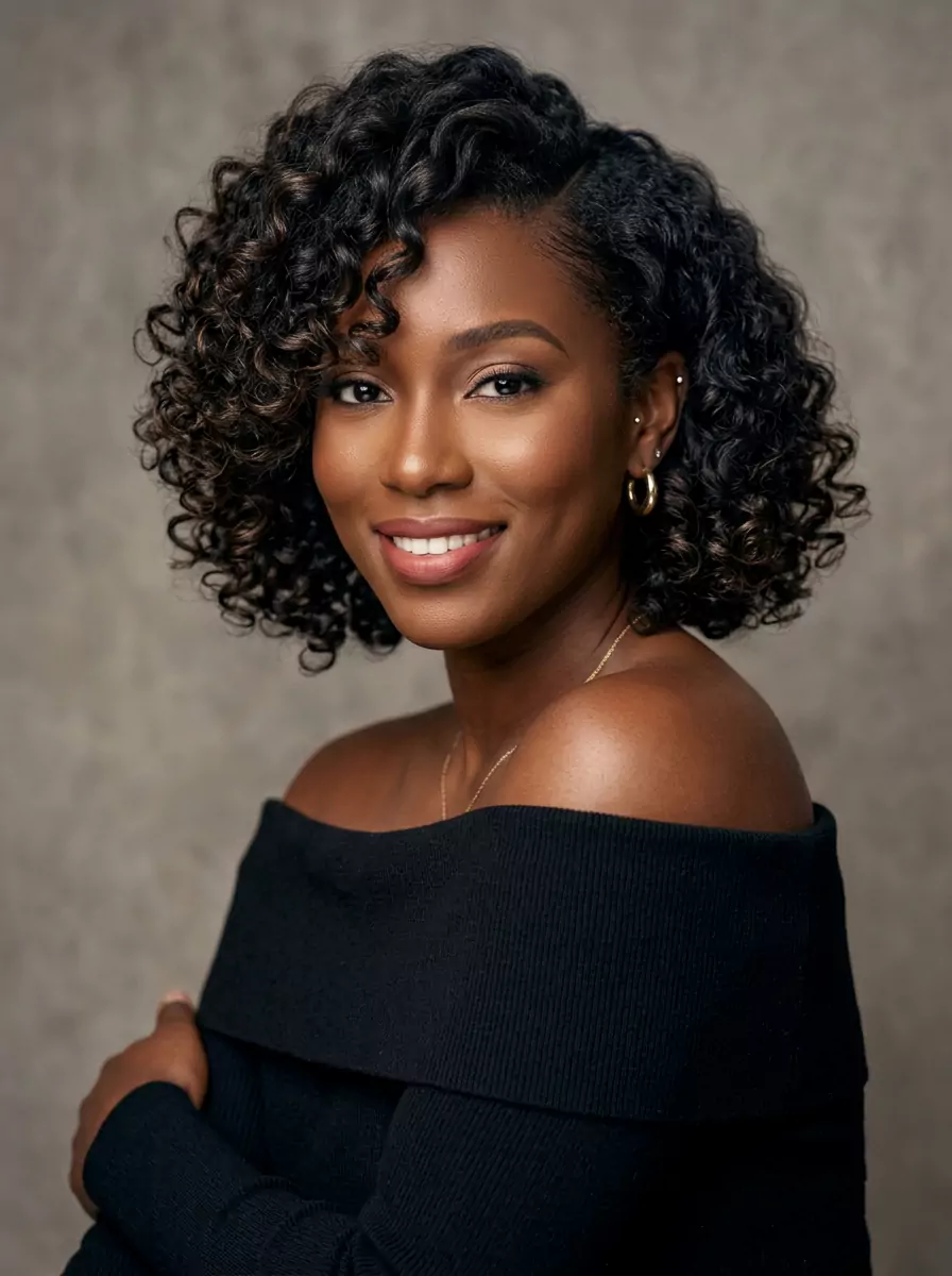 Side-part short curly bob for black women placeholder — soft face-framing volume, side-swept shape, and glamorous finish