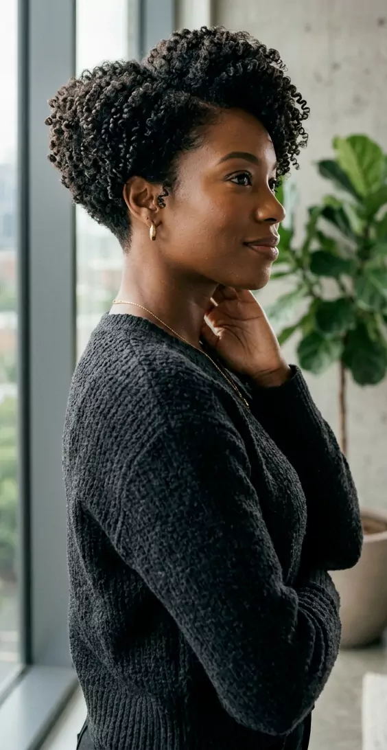 Tapered short curly bob for black women placeholder — clean nape, fuller crown, and sculpted curved profile