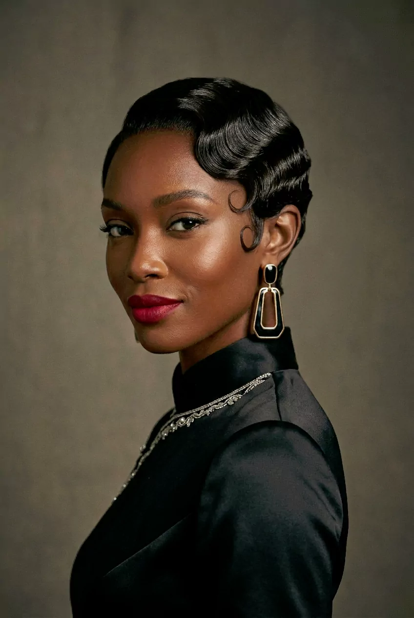 Modern finger wave hairstyle for black woman with sleek sculpted waves