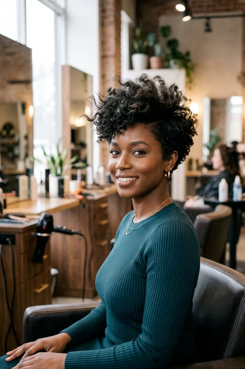 Fluffy pixie hairstyle for black woman with airy layers and crown volume