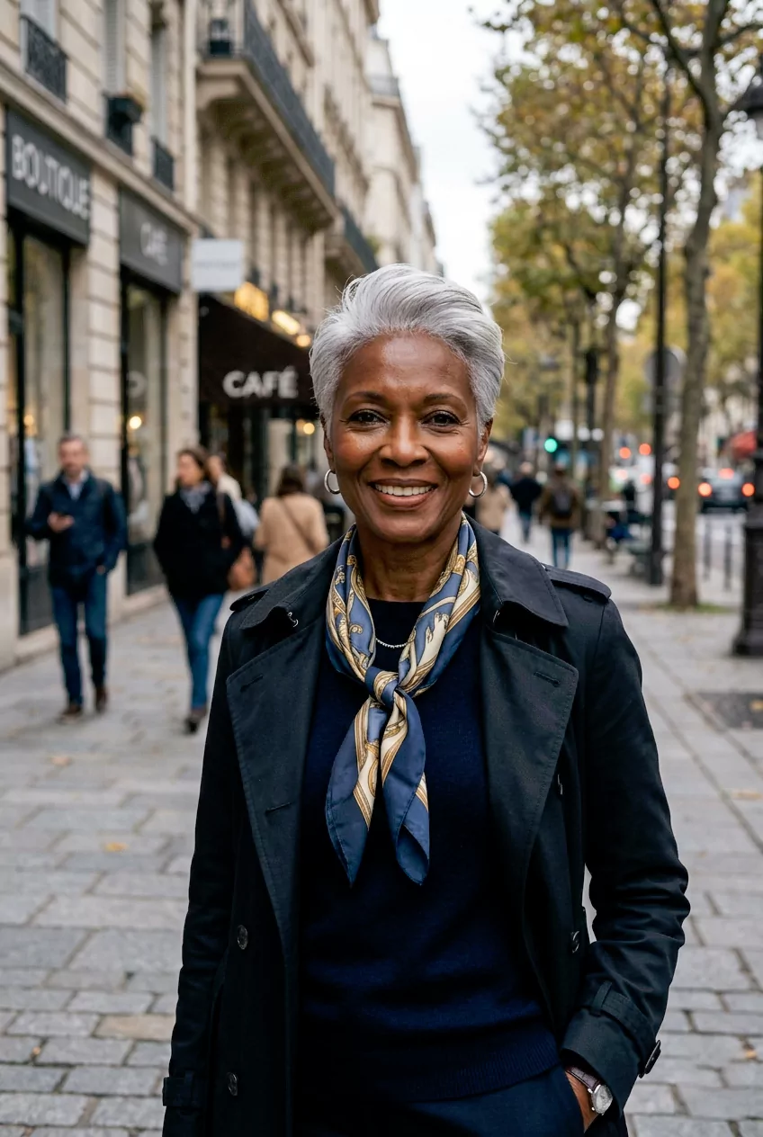 Elegant silver pixie hairstyle for older black woman