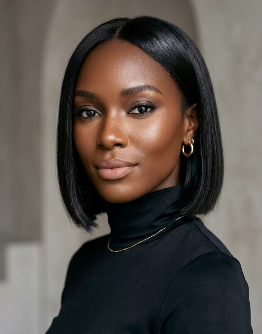 Short sleek bob hairstyle for black woman with chin-length cut