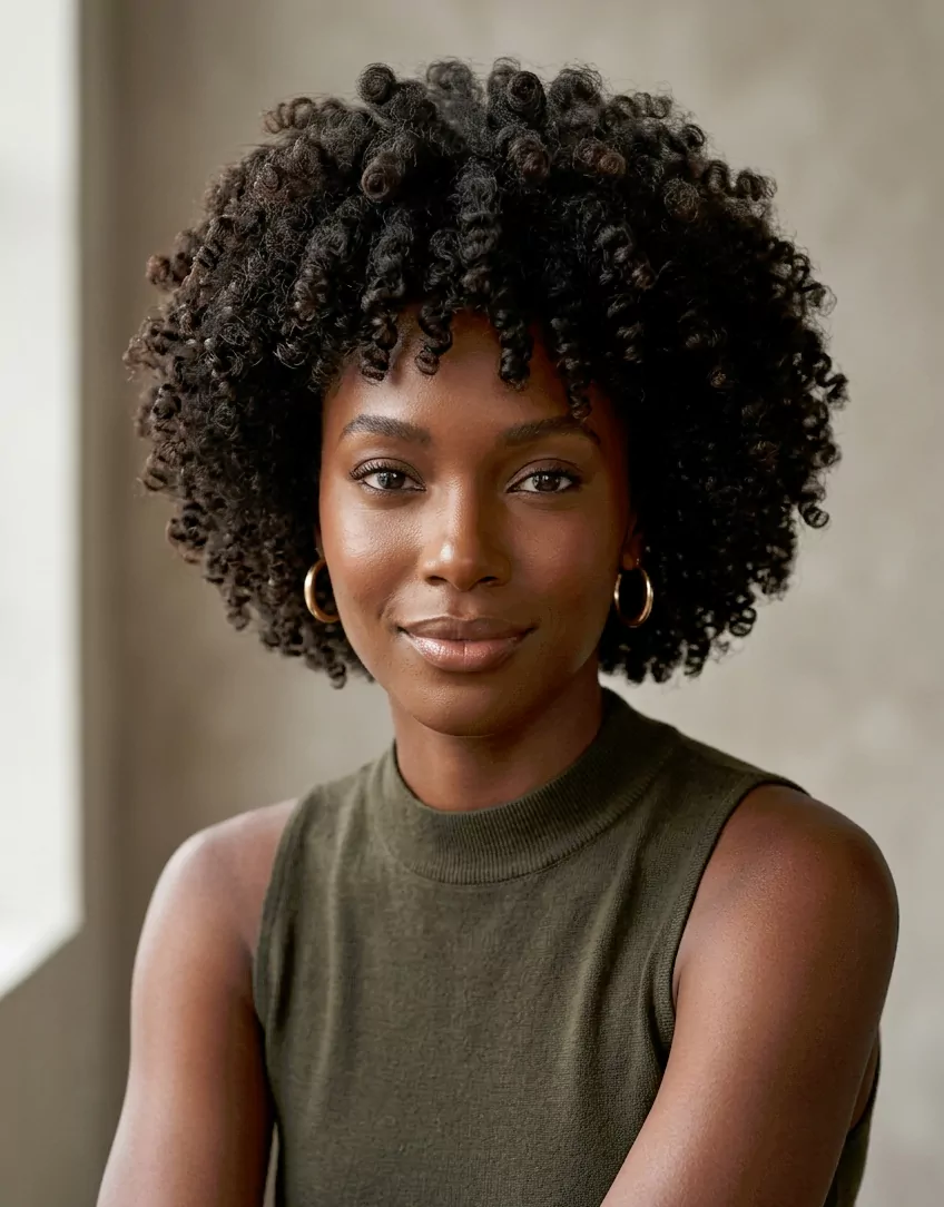 Short curly hairstyle for black woman with rounded curls and natural texture