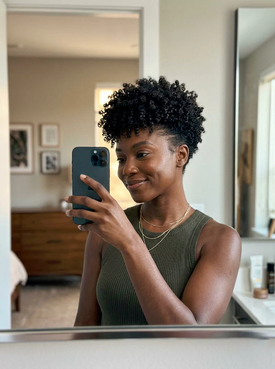Tapered natural hairstyle for black woman with defined curls and faded sides