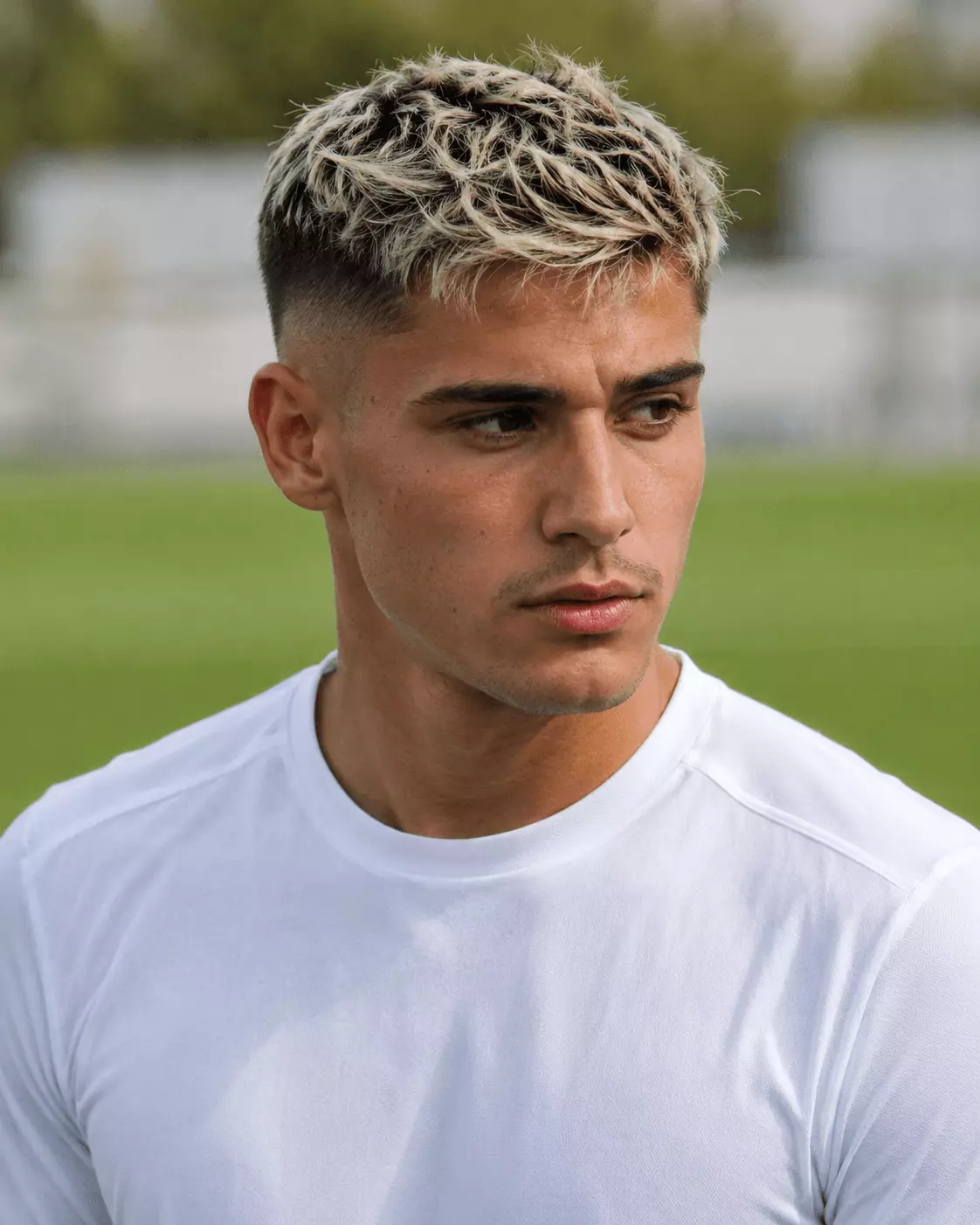 Bleached soccer hair cut with short faded sides and a lighter textured top