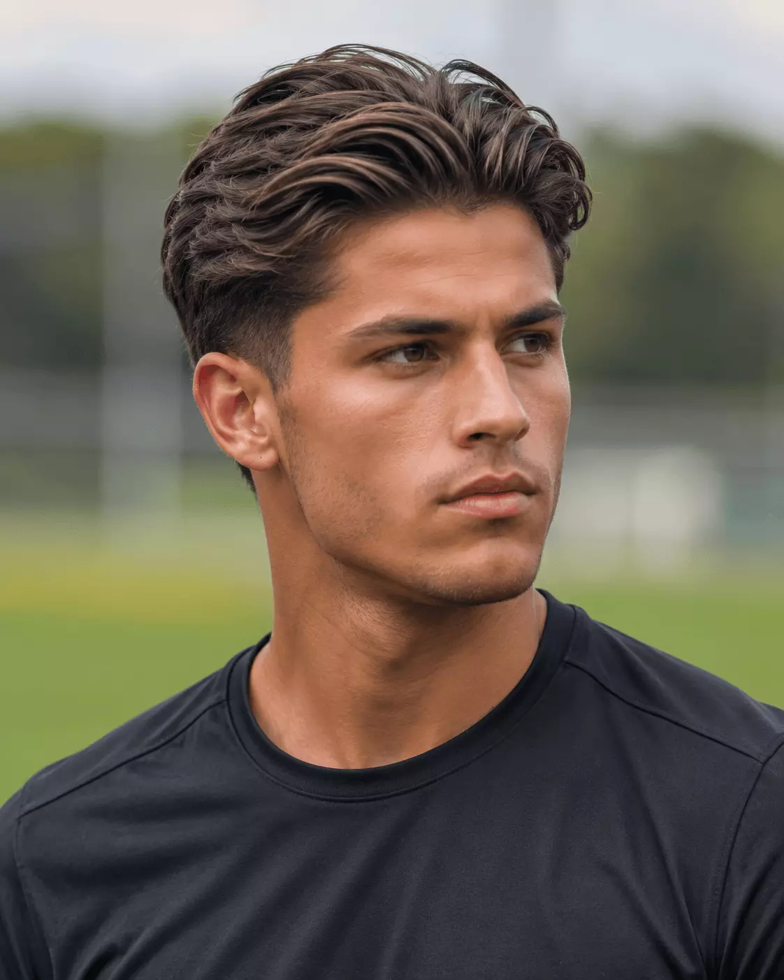 Medium soccer haircut brushed back with clean sides and natural volume