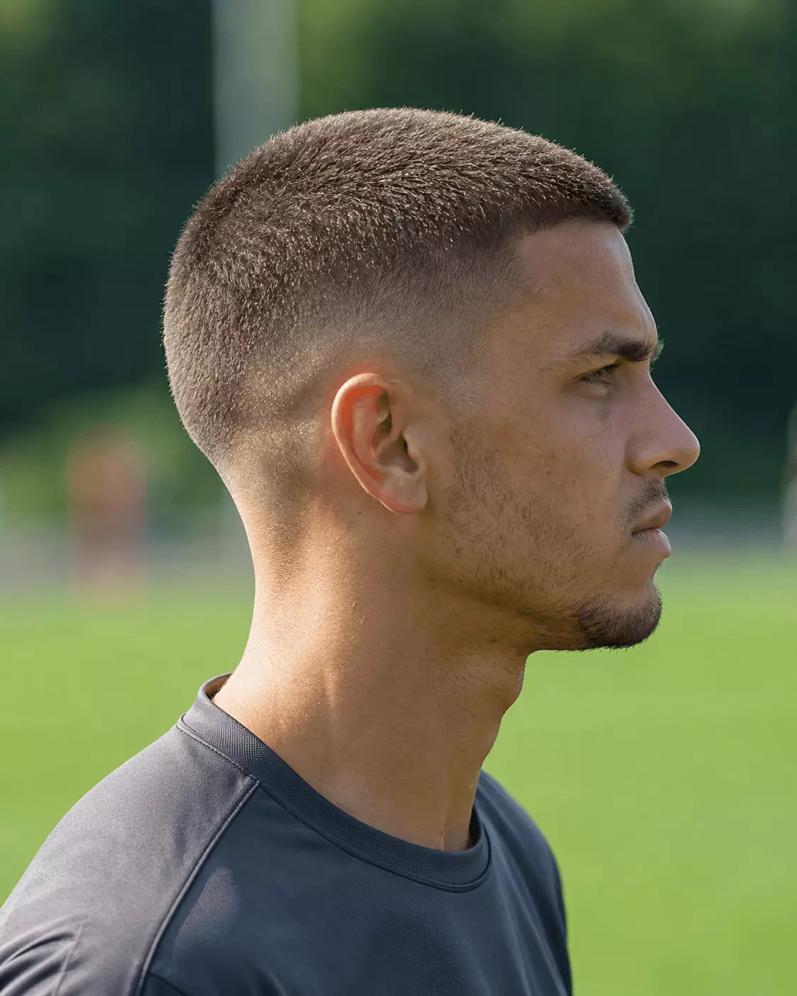 Buzz cut fade for soccer players with short top and blended sides