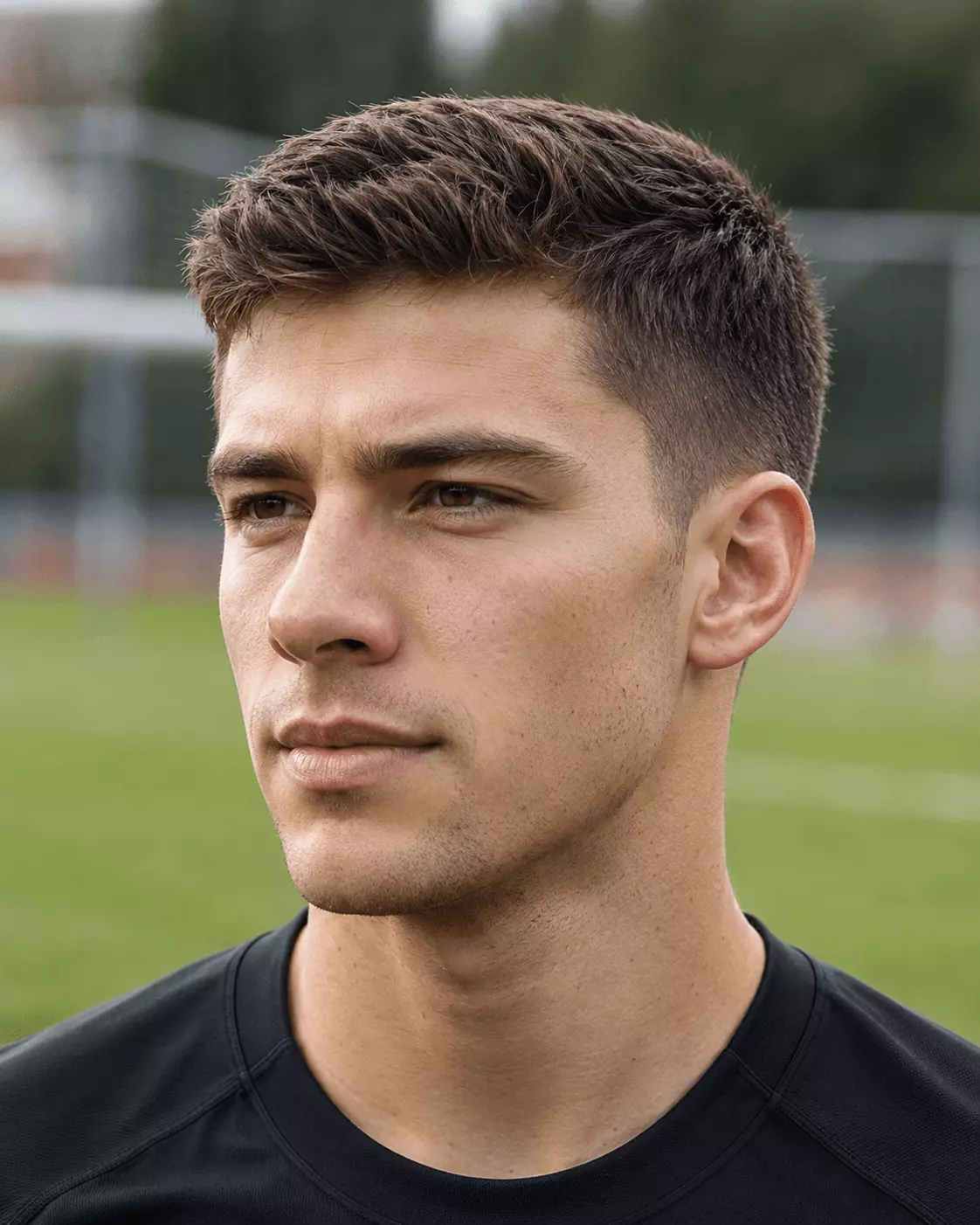 Classic short soccer haircut with clean sides and a natural textured top