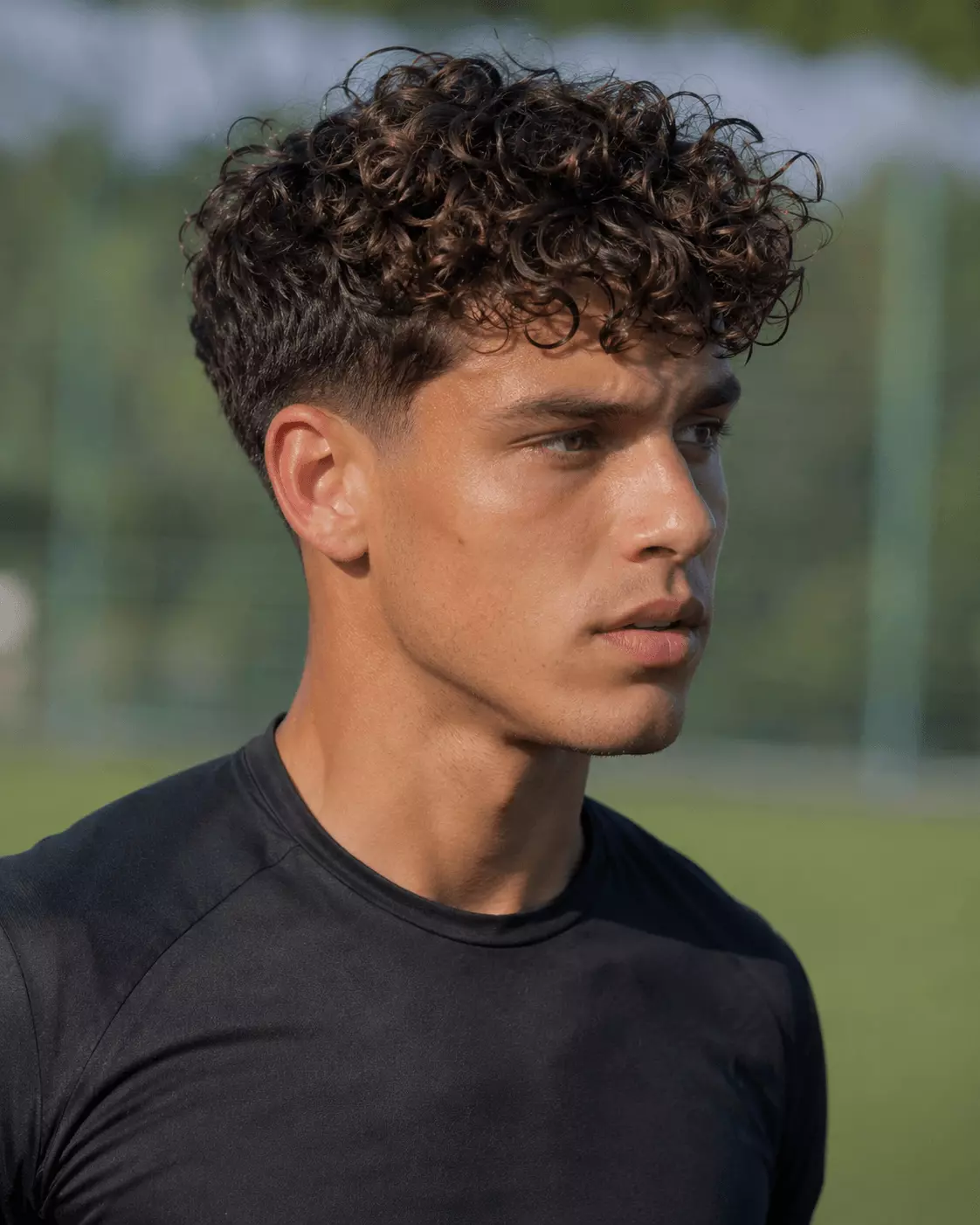 Curly soccer haircut with natural curls on top and tapered sides
