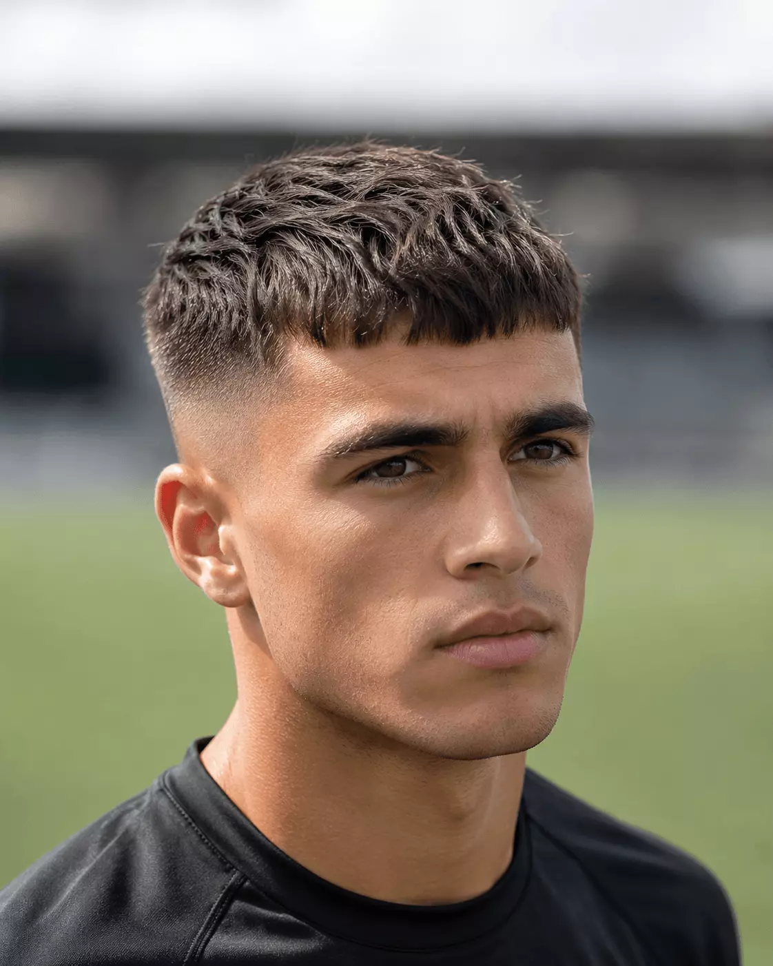 French crop soccer haircut with short fringe and clean faded sides
