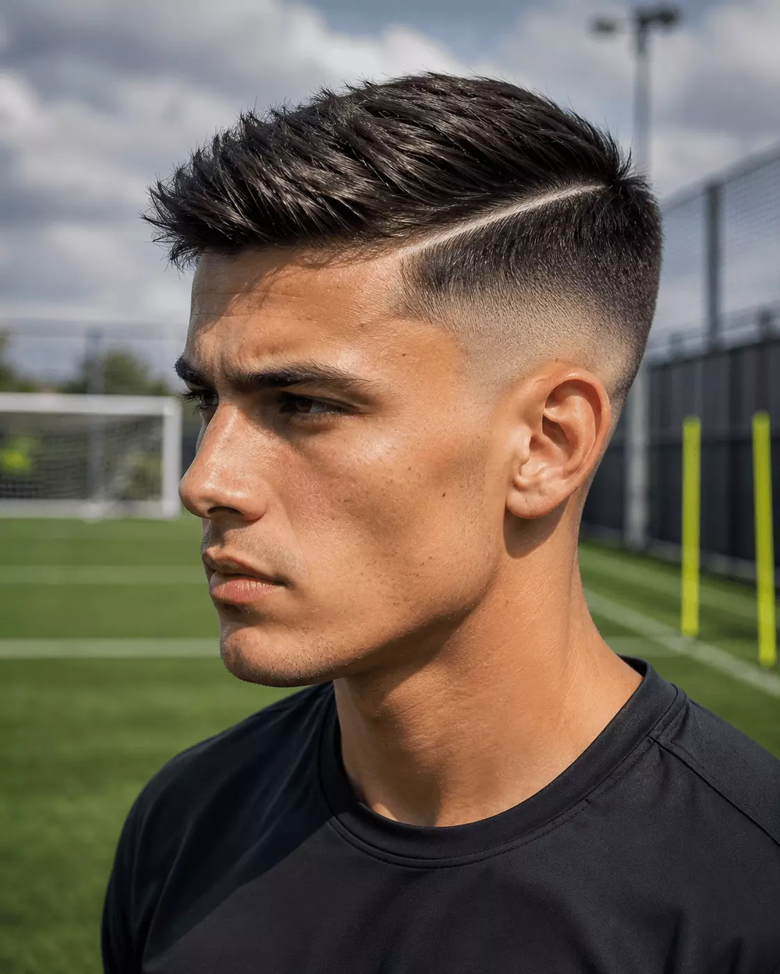 Hard part soccer haircut with a defined part line and faded sides