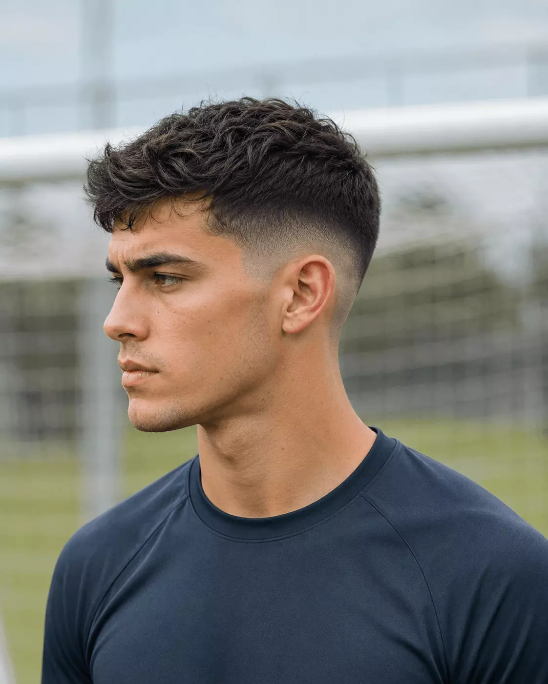 Mid fade soccer haircut with clean sides and a short textured top