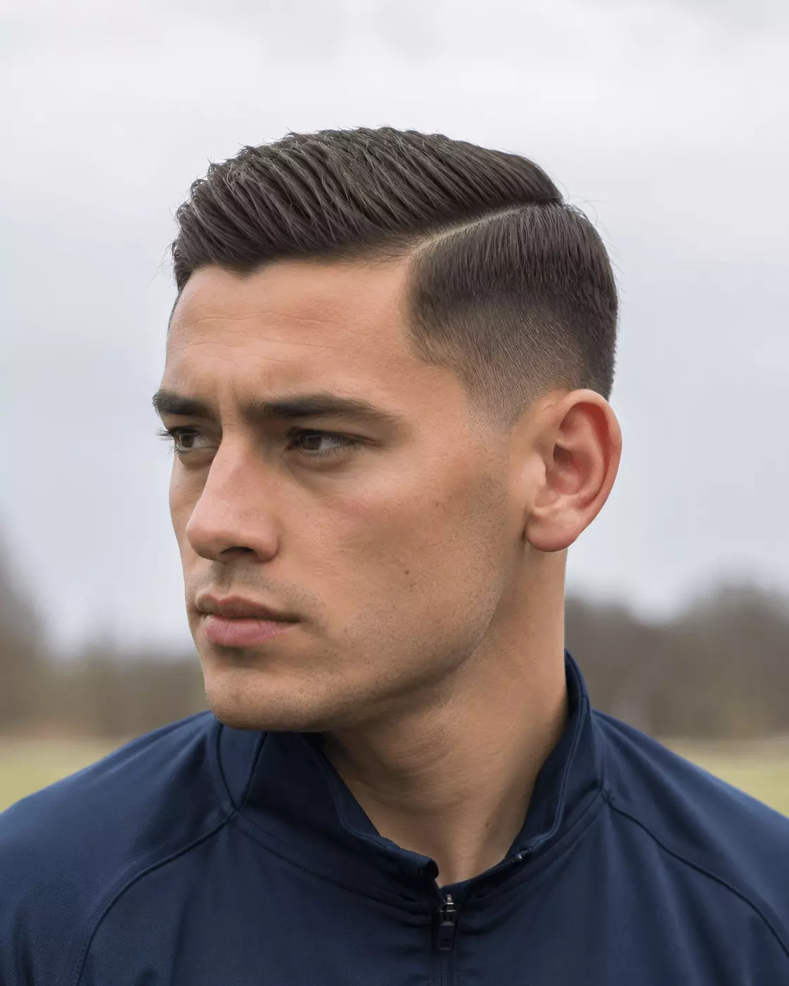 Side part soccer haircut with a clean part line and tapered sides