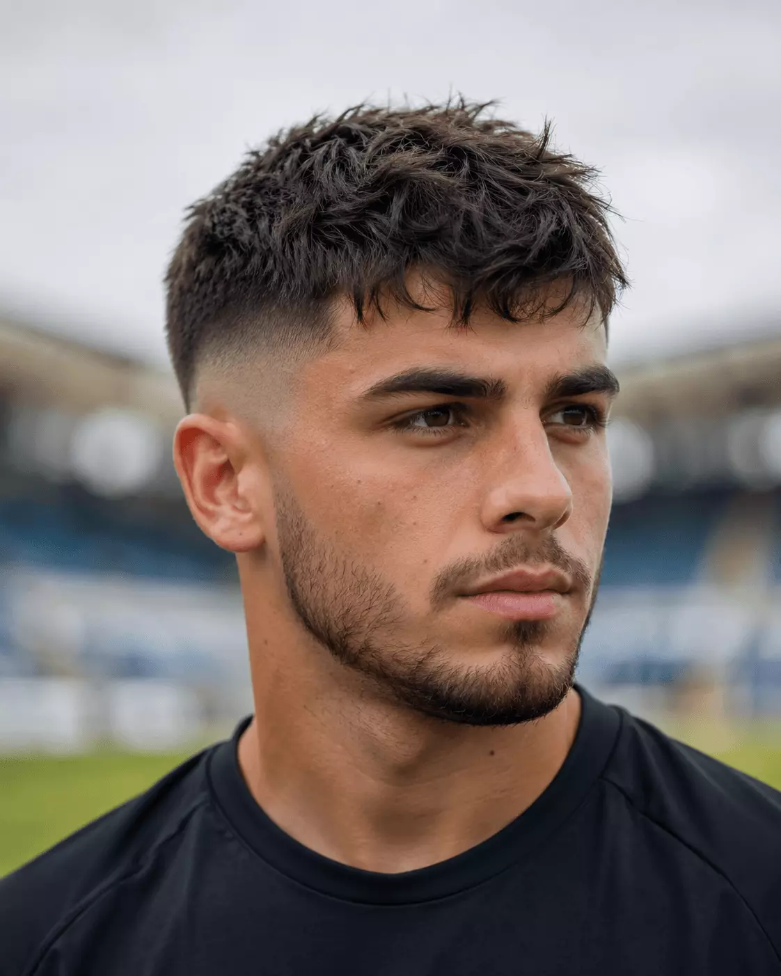 Soccer fade haircut with faded sides and a textured top for movement