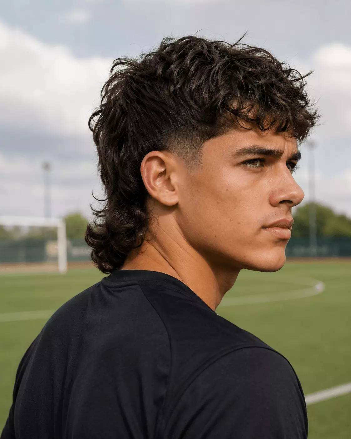 Modern soccer mullet with textured top clean sides and a softer longer back
