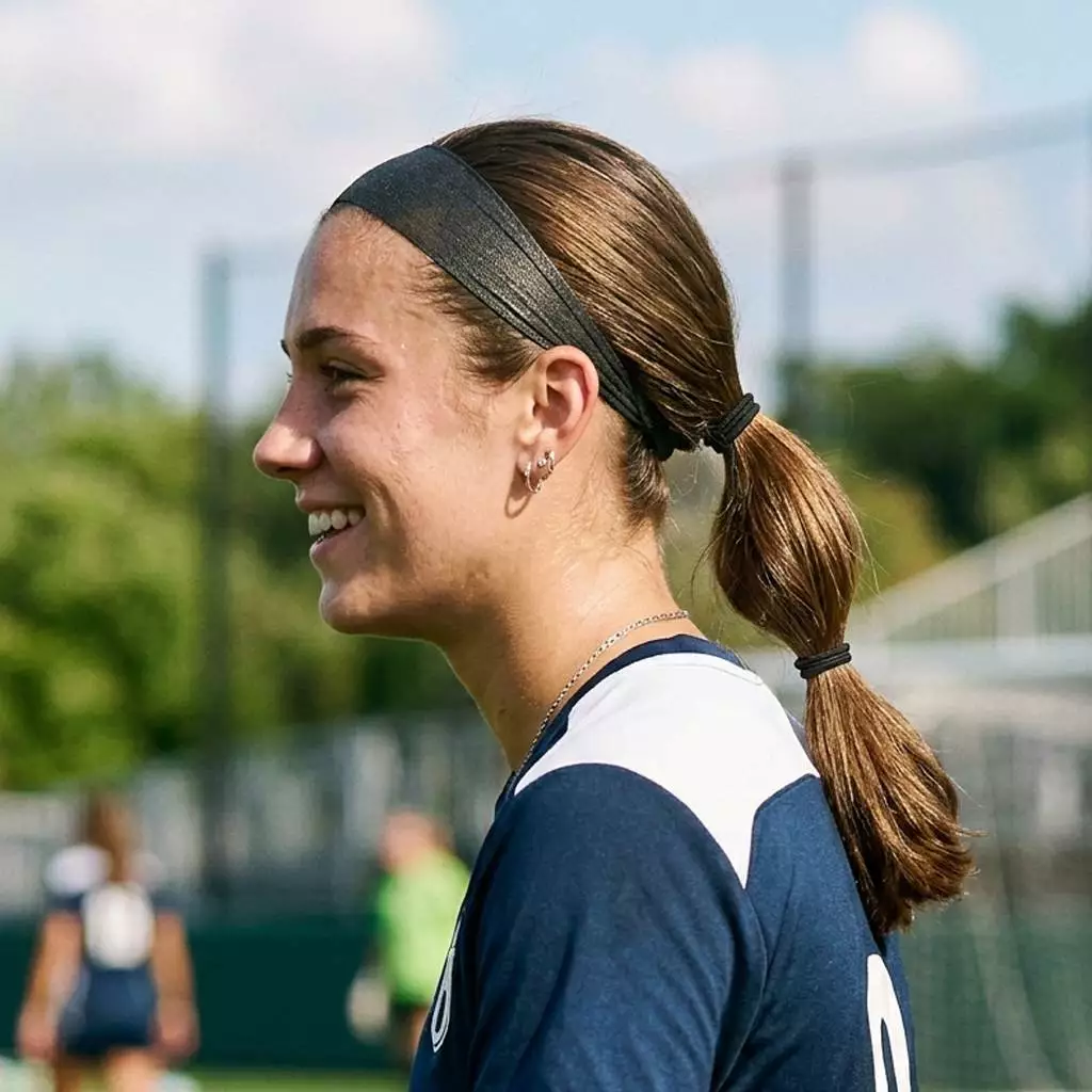 Low ponytail soccer hairstyle with headband