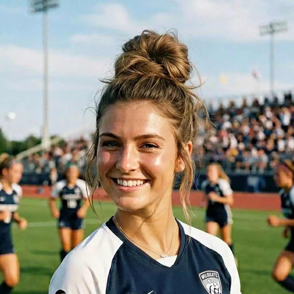 Messy bun soccer hairstyle for casual game day