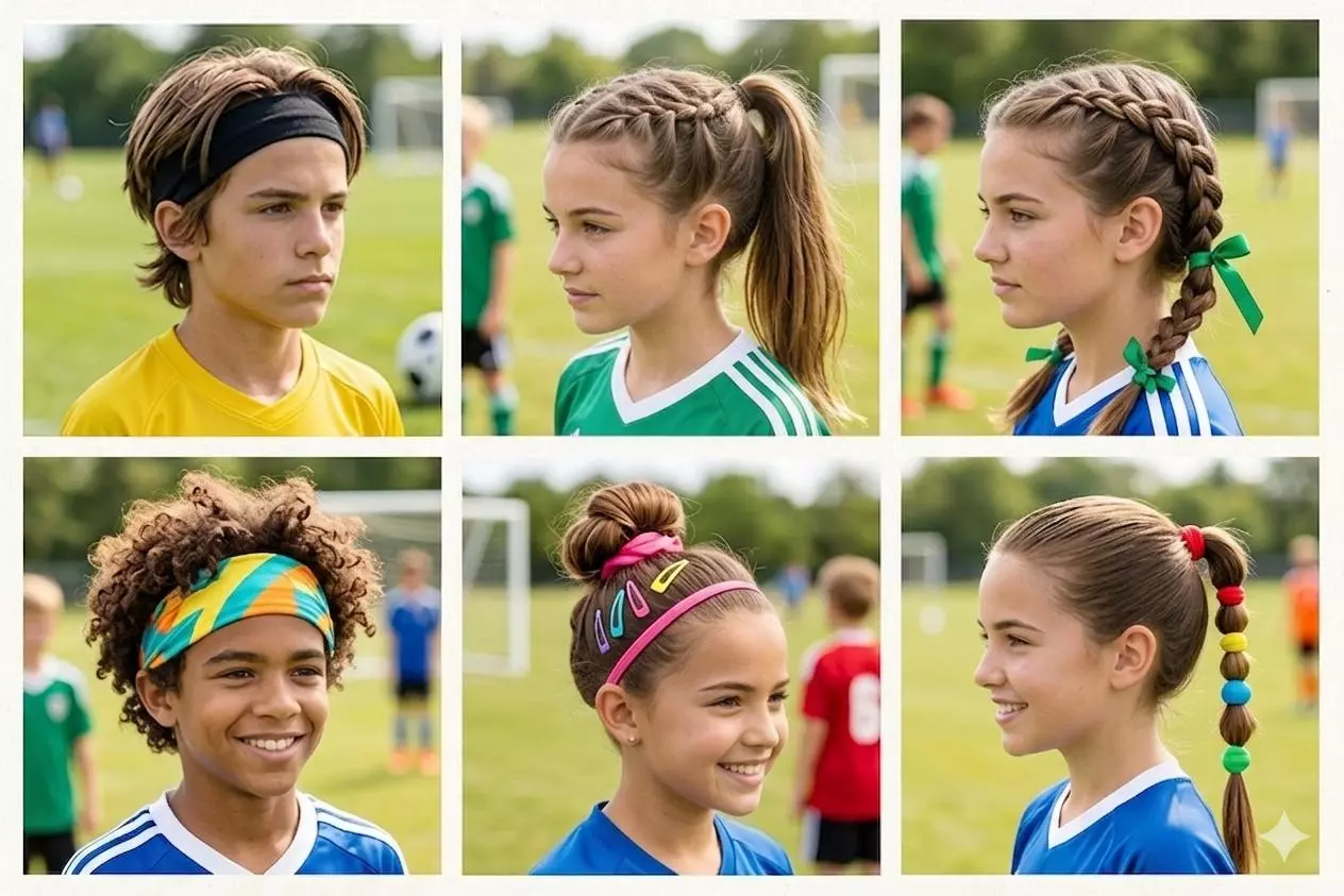 Youth soccer hairstyles with simple braids ponytails and headbands
