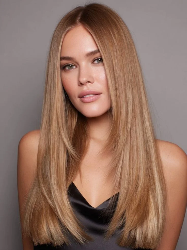 Woman with sleek straight hair previewed using AI hairstyle filter on a smartphone screen