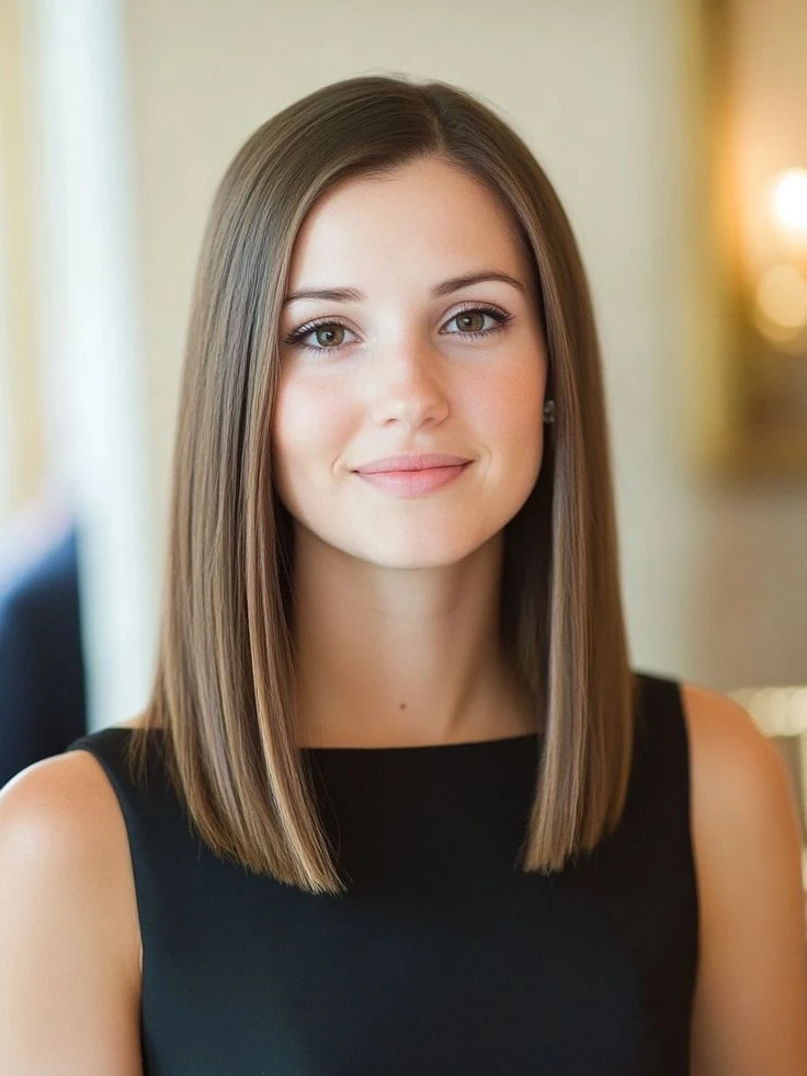 Polished straight lob with high-gloss finish showcasing glass hair effect