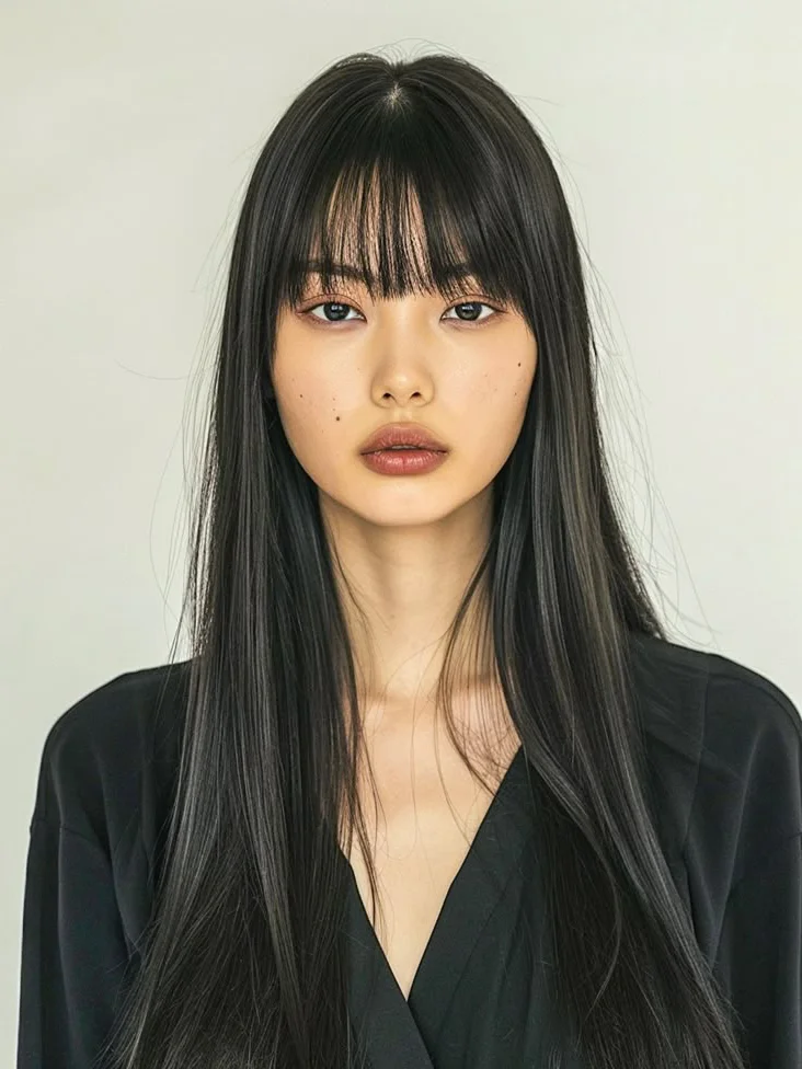 Long black straight hair with healthy shine, representing classic timeless elegance in hairstyling