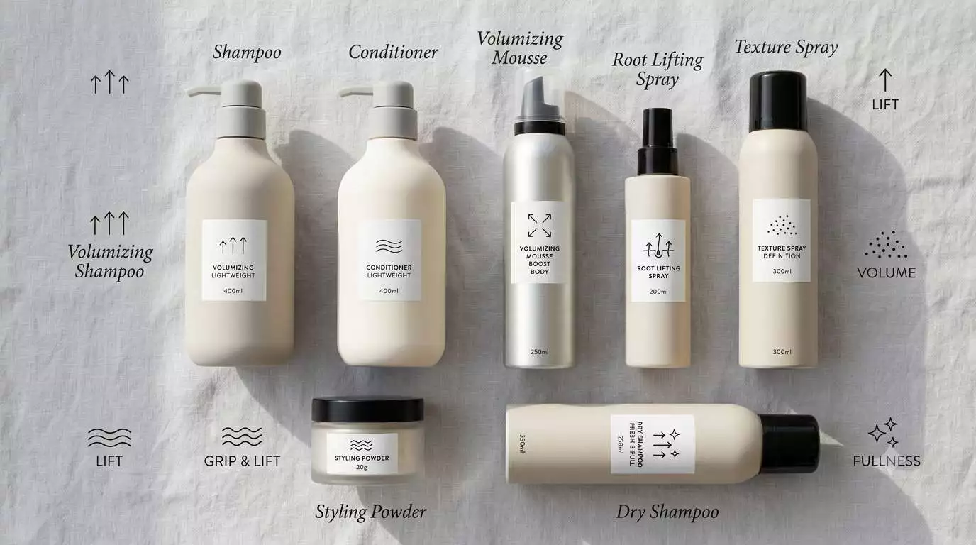 Volumizing hair products flat lay with shampoo, mousse, root spray, texture spray, powder, and dry shampoo
