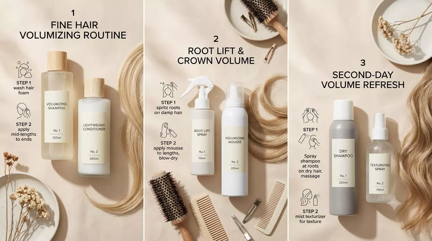 Simple volumizing product routines for fine hair, root lift, and second-day volume