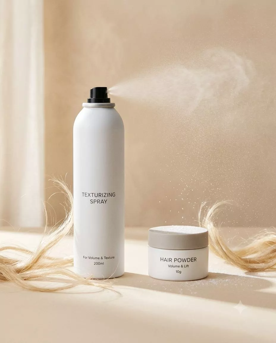 Texturizing spray and hair powder for airy volume and root lift