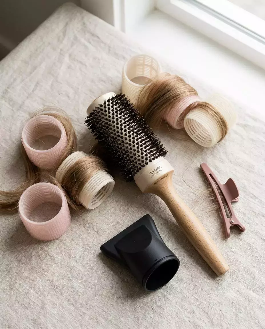 Velcro rollers and round brush for longer-lasting hair volume