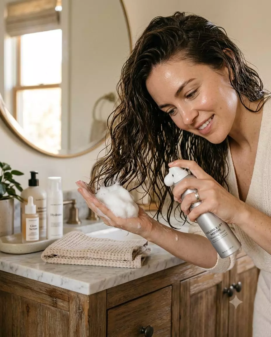 Applying volumizing mousse to damp hair for soft body