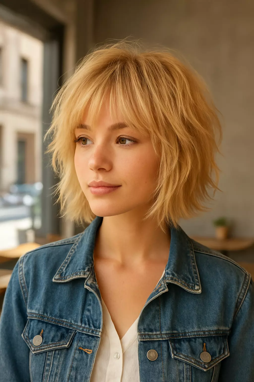 Woman with a trendy wolf cut on bob shag hairstyle