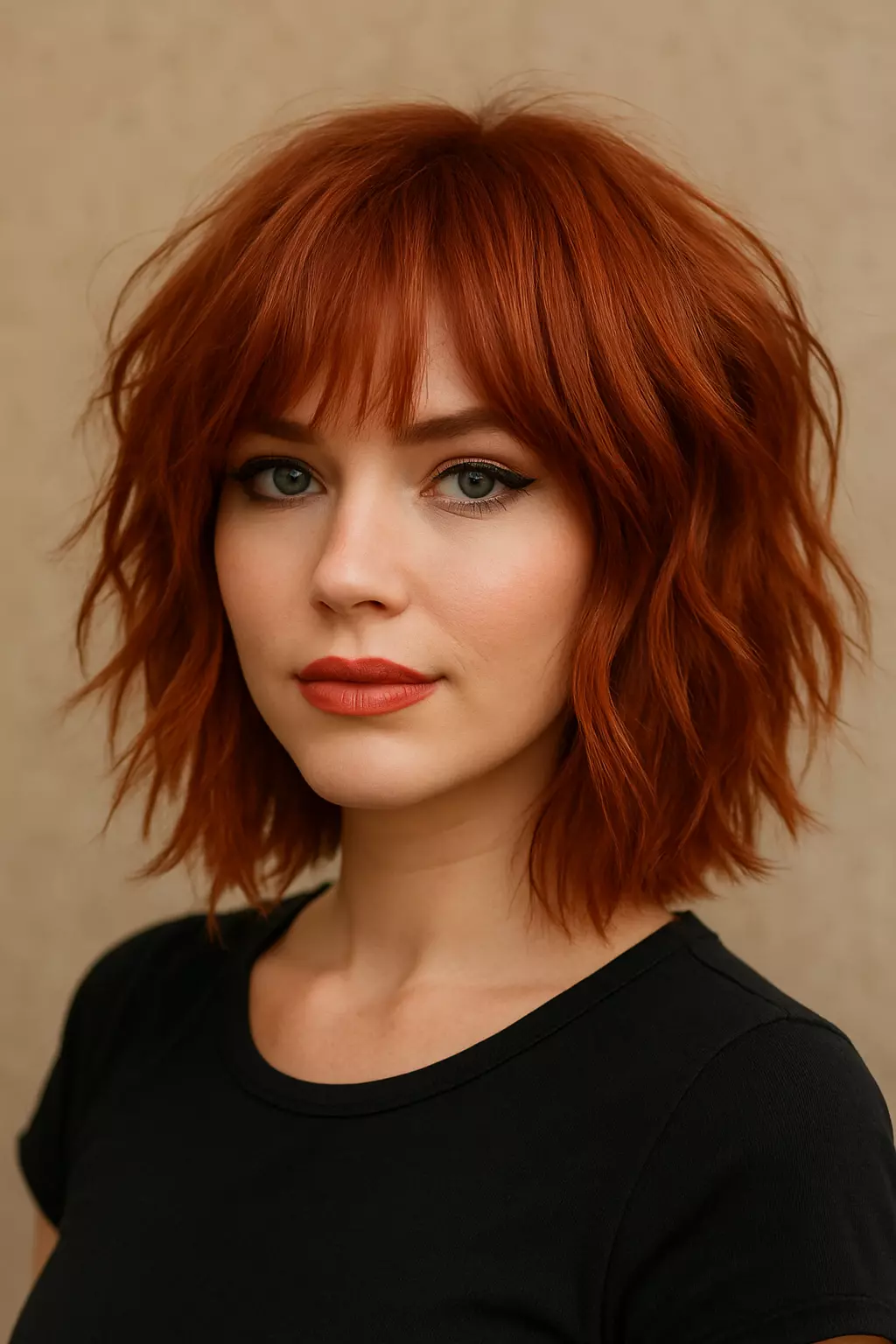 Woman with wolf cut hairstyle