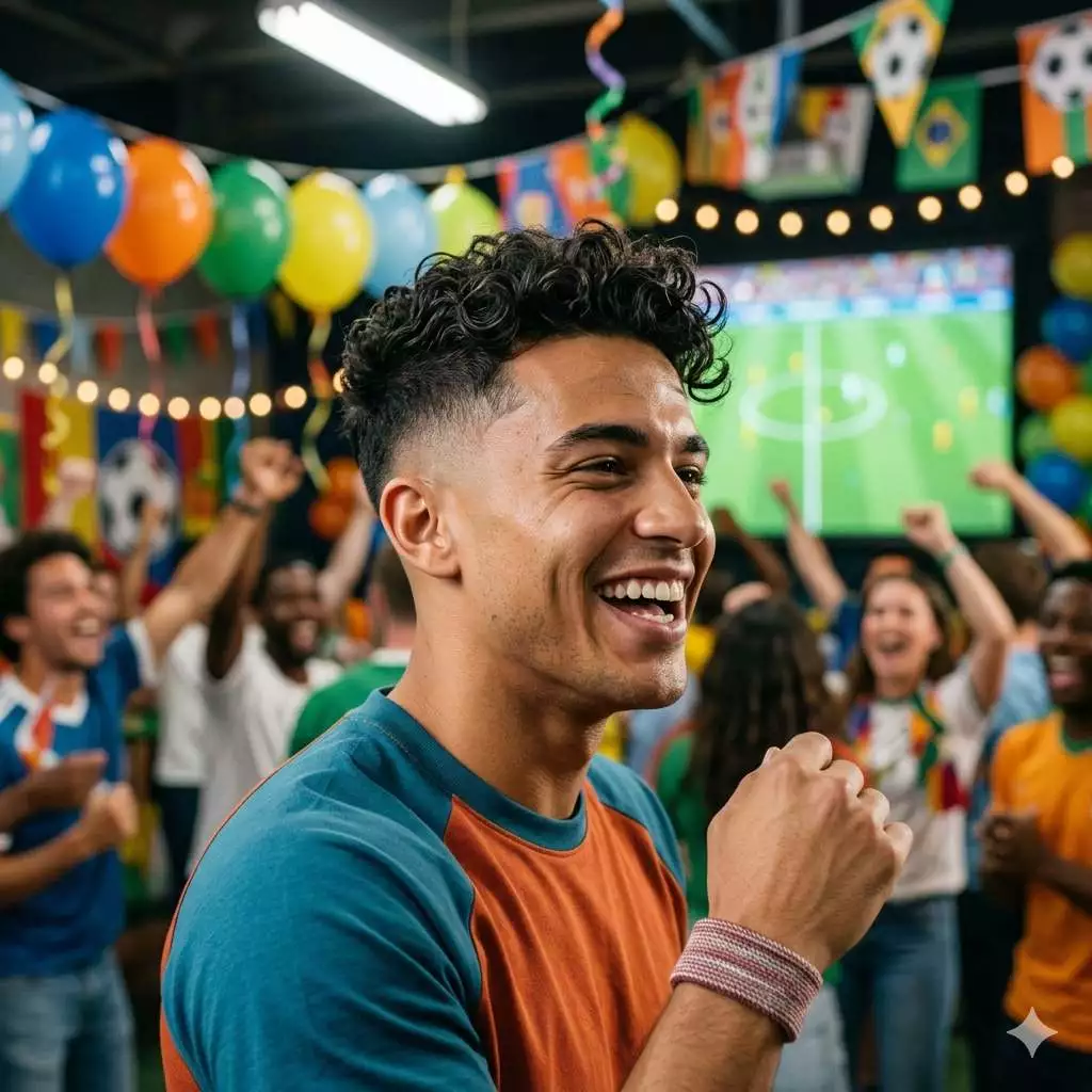 Curly fade World Cup haircut with natural texture on top