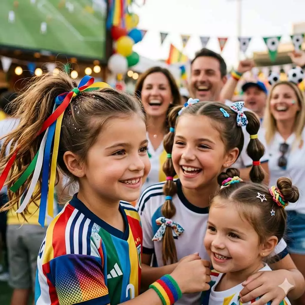 Cute World Cup hairstyles for girls kids and families with ponytails ribbons bubble braids space buns and team color details