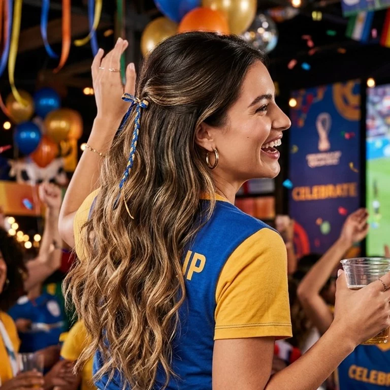 Half up half down World Cup watch party hairstyle with soft waves and subtle team color detail