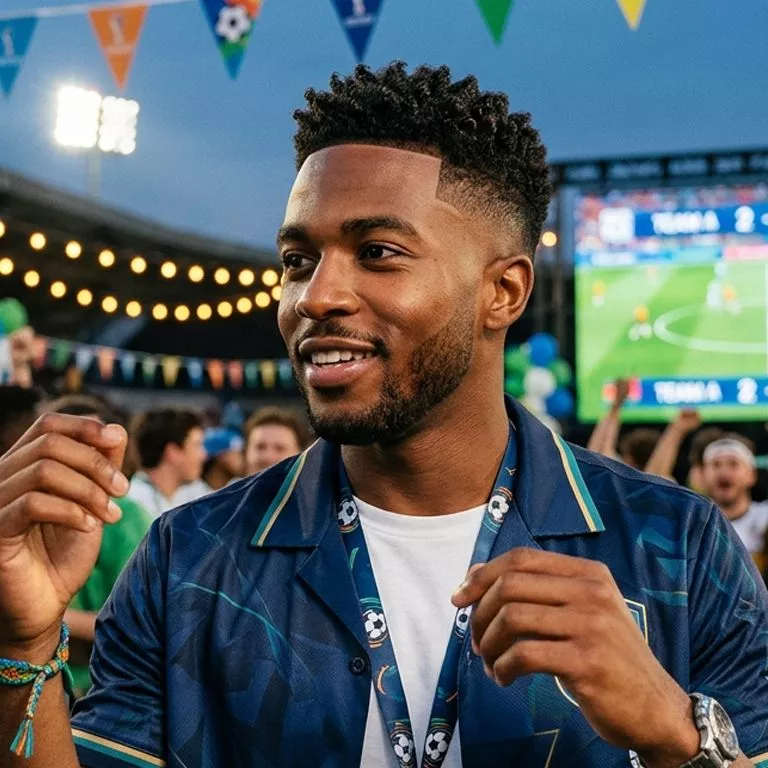 Low taper fade World Cup haircut with clean sides and soccer-inspired match day outfit