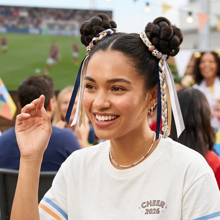 Space buns World Cup hairstyle with team color ties for watch party